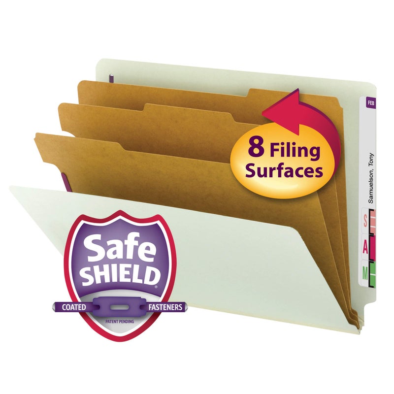 Smead 100% Recycled End Tab Pressboard Classification File Folder with SafeSHIELD Fasteners, 3 Dividers, 3" Expansion, Letter Size, Gray/Green, 10 per Box (26820) - Image 2